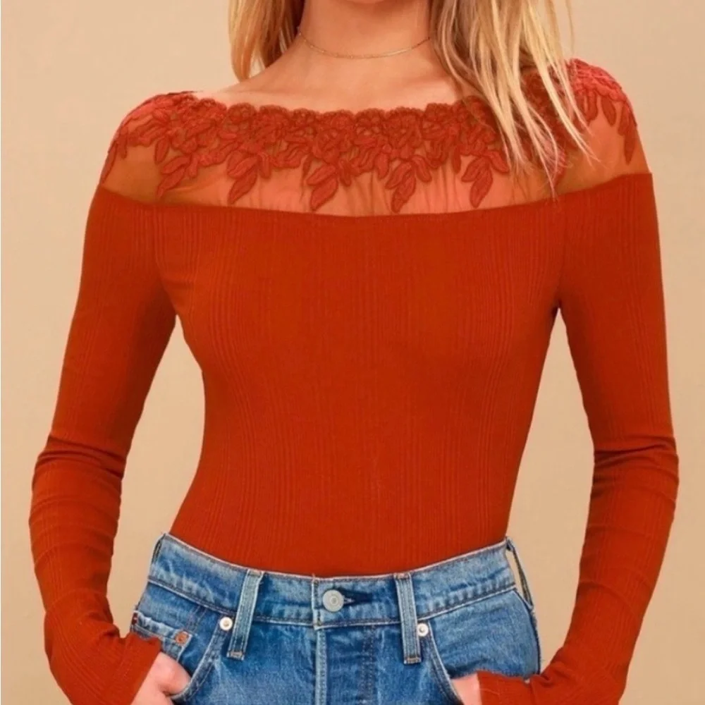 Free People Red Ribbed Lace Off Shoulder Long Sleeve Top Size L